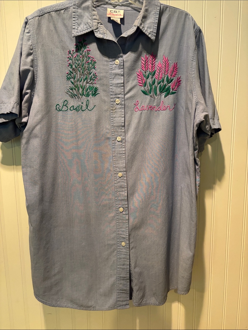 C.S.T Studio Lavender & Basil Embroidered Chambray Short Sleeve Shirt Sz 18W